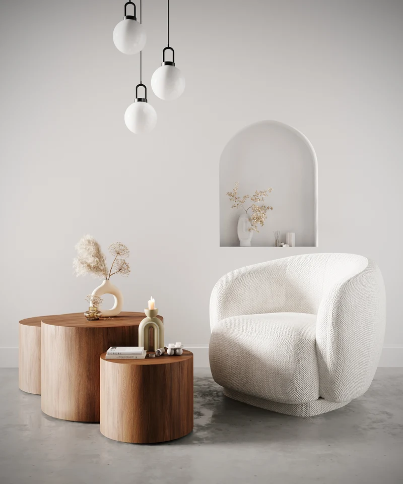Fauteuil design demi-tonneau tissu chenille blanc Victoria