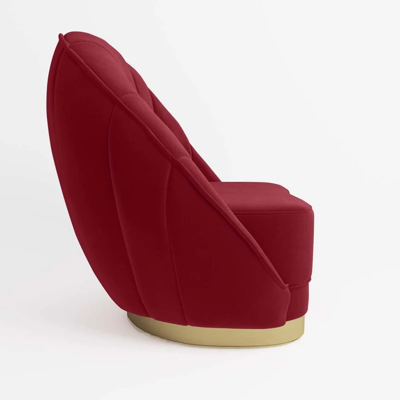 Fauteuil en velours bordeaux, base cerclage dor effet laiton