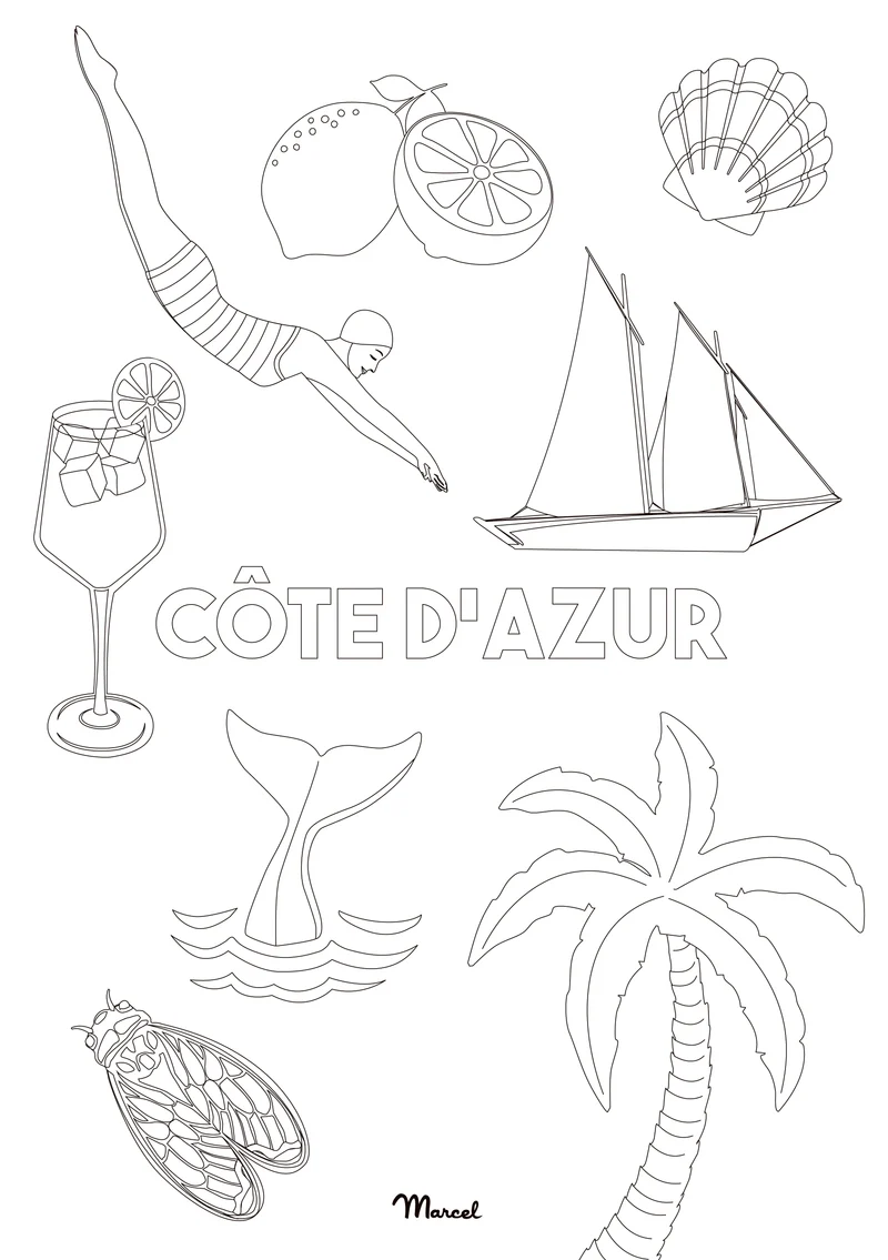 Carte Postale A5 à colorier CÔTE D'AZUR "Mix"