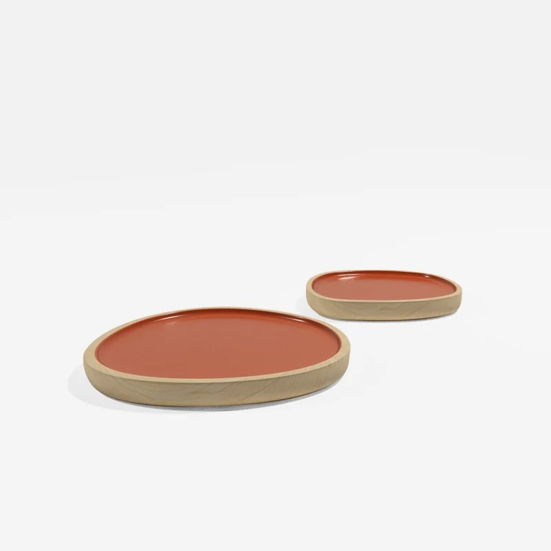 Set de 2 plateaux en bois et peinture céramique ocre