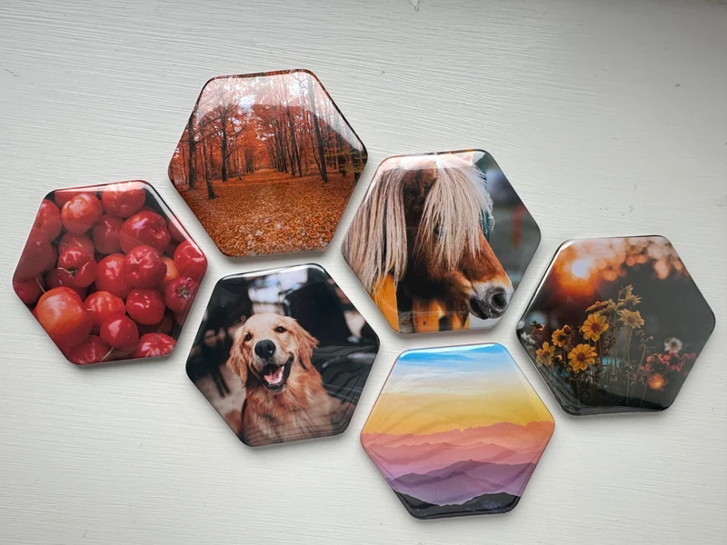 Custom made hexagon photo magnets 65x58mm, pack of 6