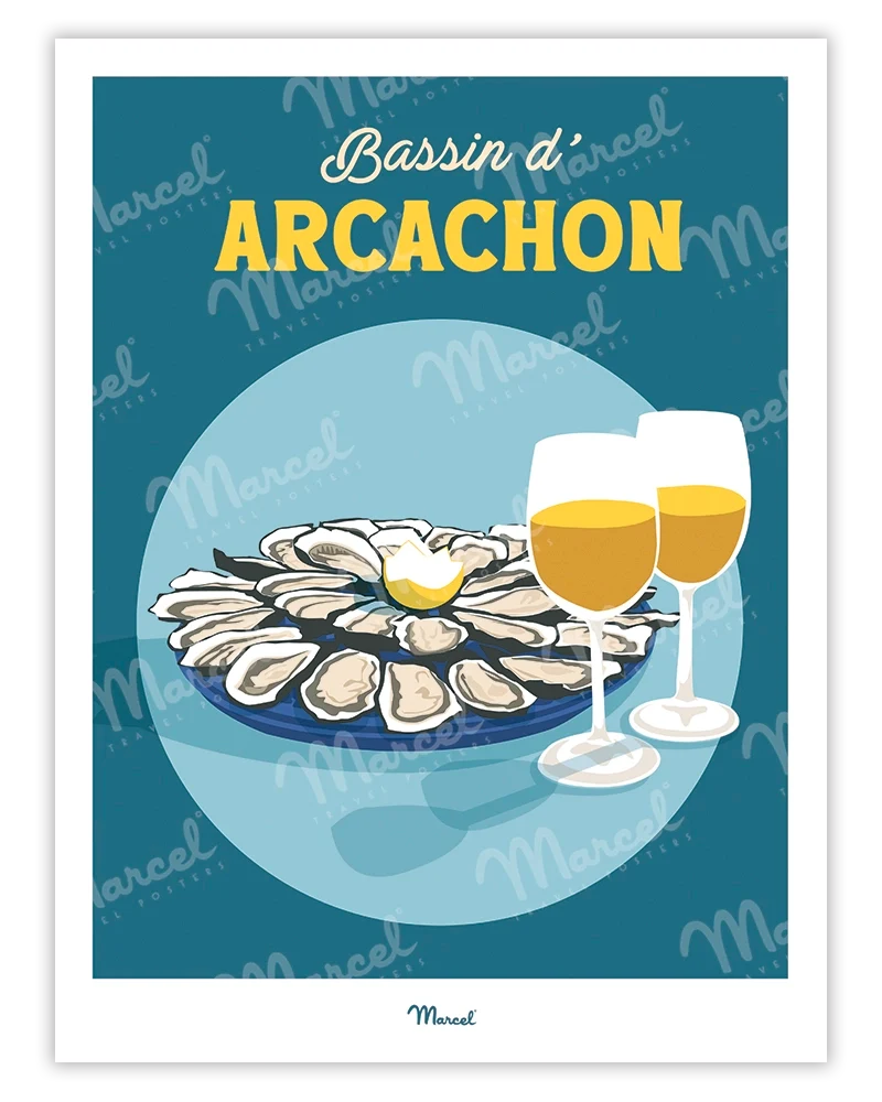 Affiche Travel Color BASSIN D'ARCACHON "Huitres et Vin blanc"