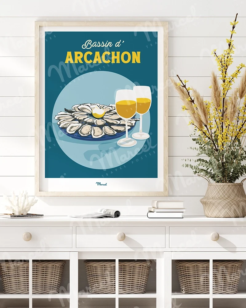 Affiche Travel Color BASSIN D'ARCACHON "Huitres et Vin blanc"