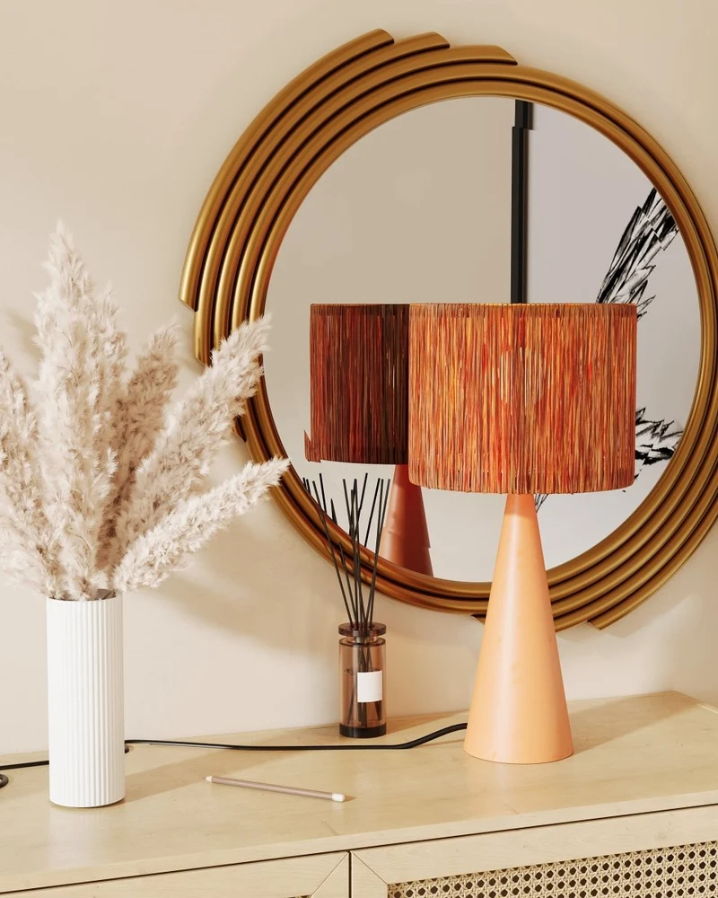 Lampe à poser en terre cuite et raphia