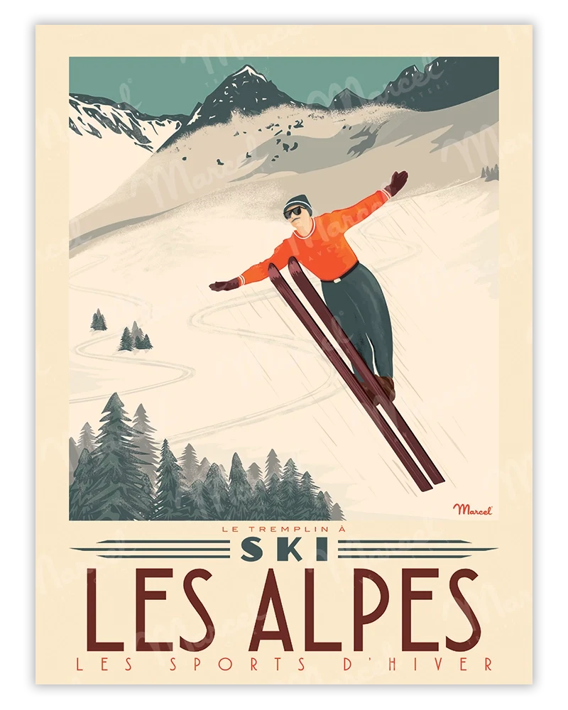 Affiche LES ALPES "Tremplin à ski"