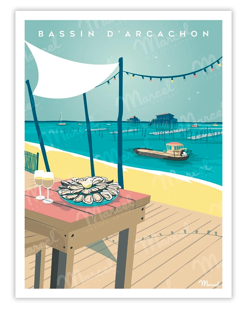 Affiche BASSIN D'ARCACHON "Huîtres et Cabanes"