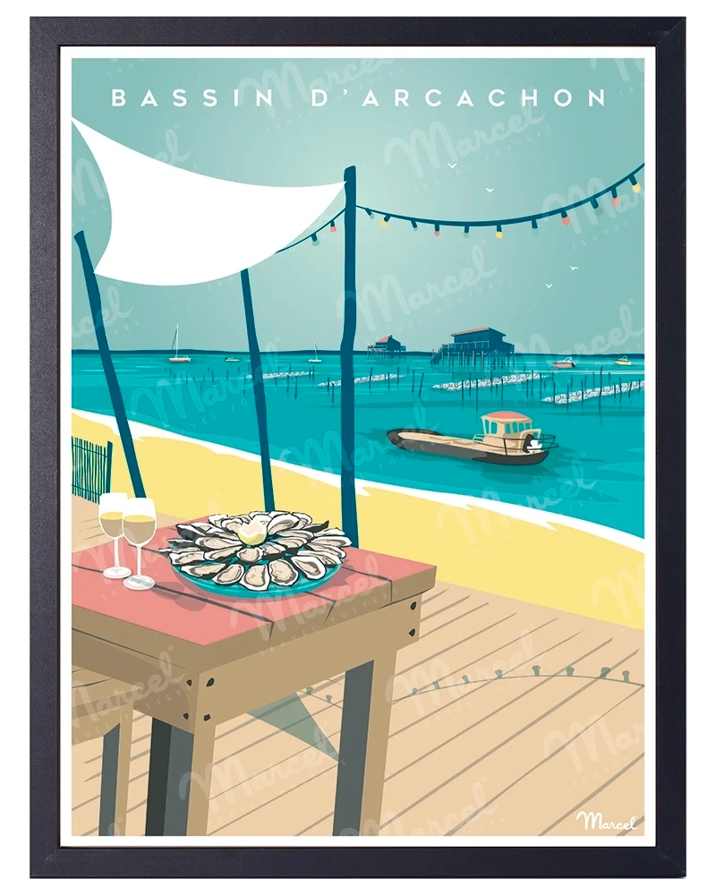 Affiche BASSIN D'ARCACHON "Huîtres et Cabanes"
