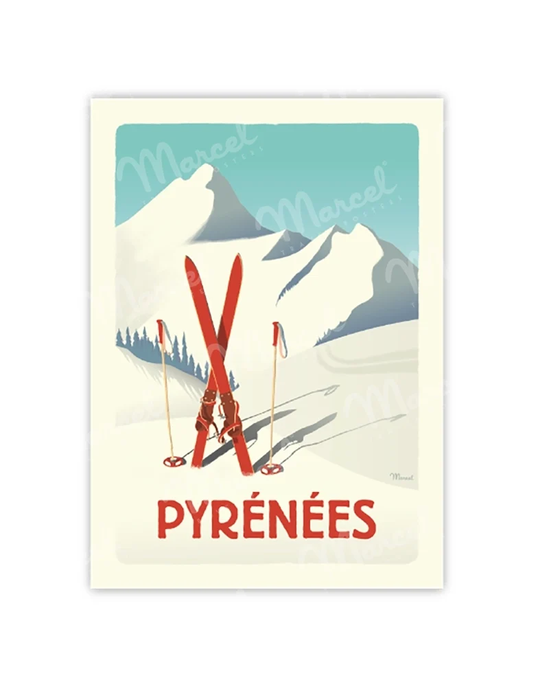 Carte Postale PYRÉNÉES ''Les Skis Rouges''