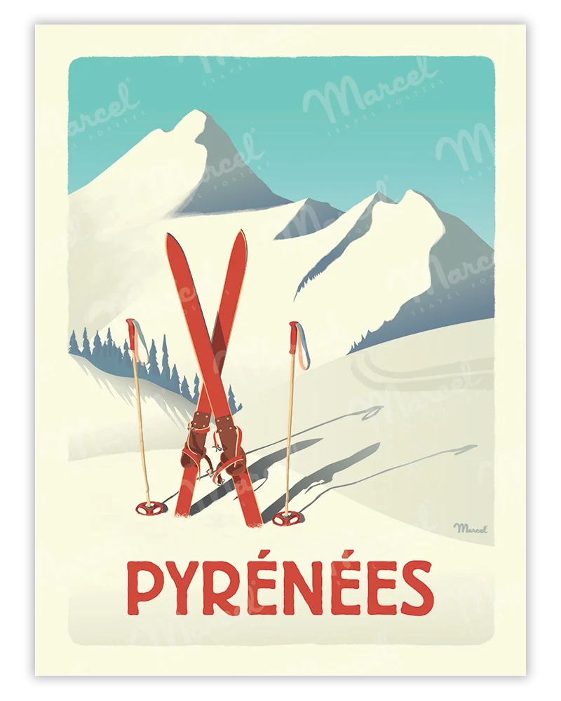 Affiche PYRÉNÉES "Les Skis Rouges"