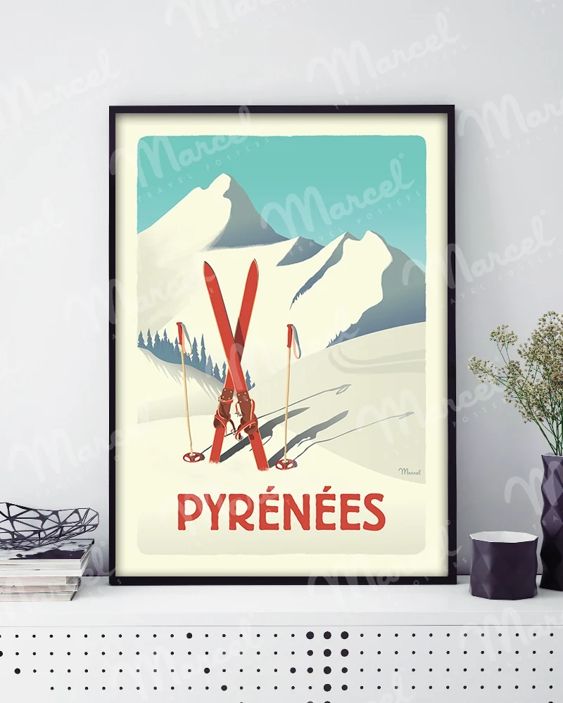 Affiche PYRÉNÉES "Les Skis Rouges"