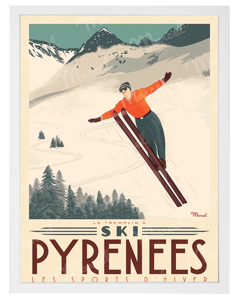 Affiche PYRÉNÉES "Tremplin à ski"