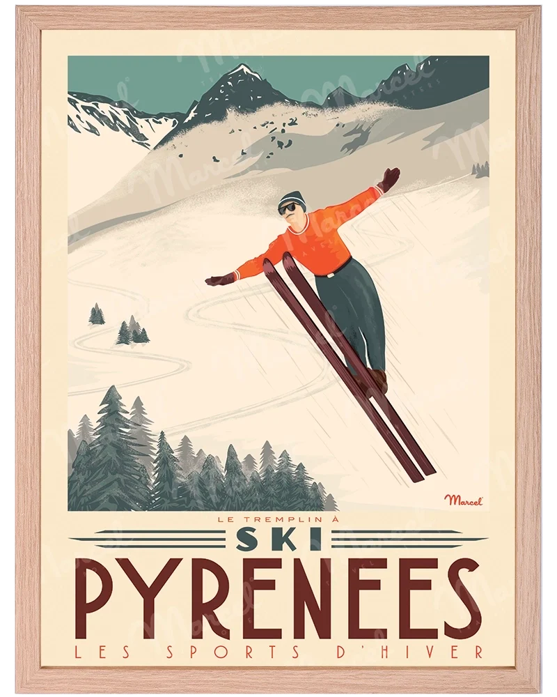 Affiche PYRÉNÉES "Tremplin à ski"