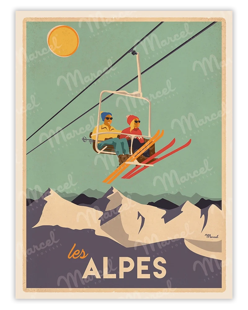 Affiche LES ALPES "Le Télésiège"