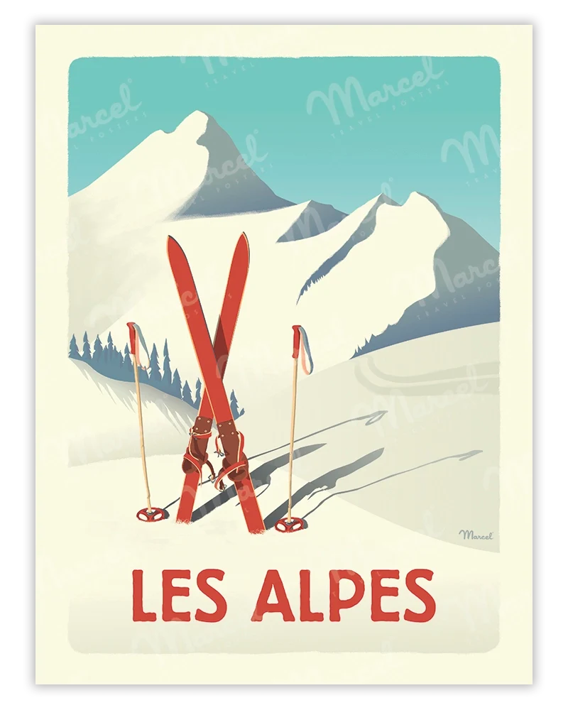 Affiche LES ALPES "Les Skis Rouges"