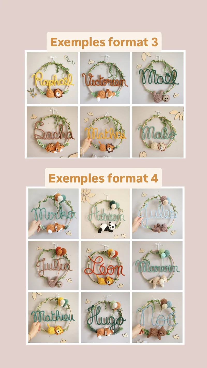 Décoration prénom tricotin + animal - Envoi sous 6/8 semaines