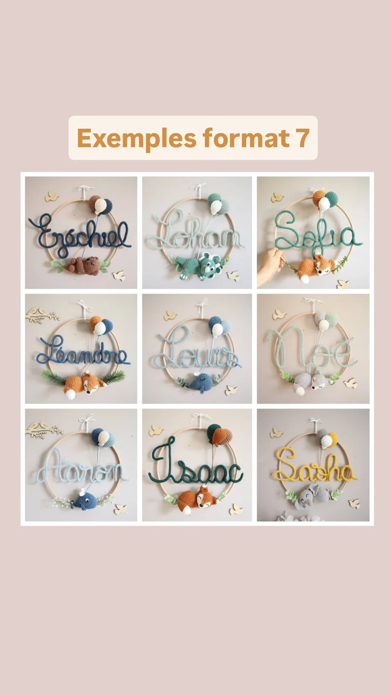 Décoration prénom tricotin + animal - Envoi sous 6/8 semaines