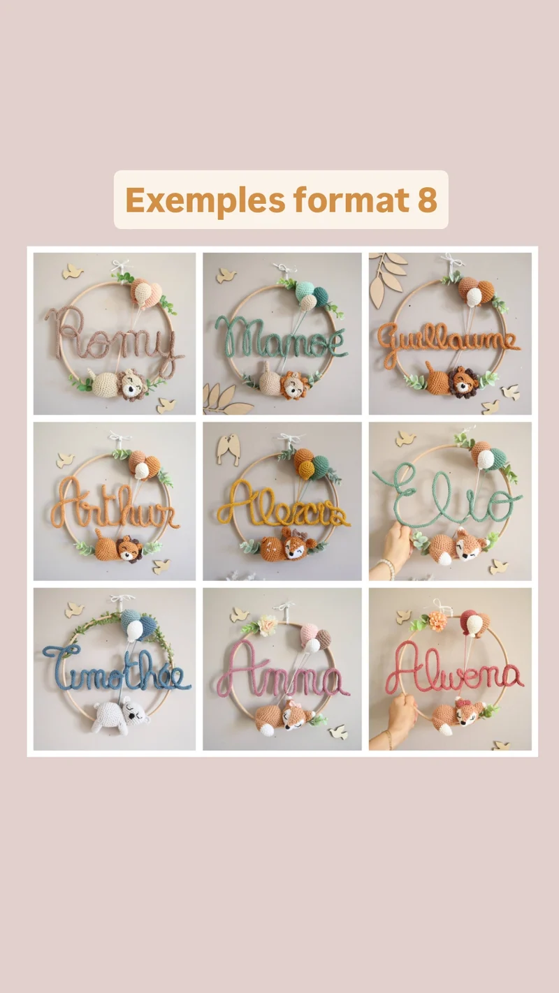 Décoration prénom tricotin + animal - Envoi sous 6/8 semaines