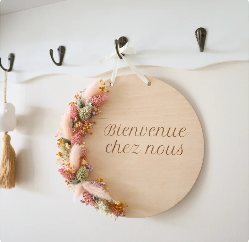 Plaque bois 20cm & fleurs séchées - texte & couleurs à personnaliser
