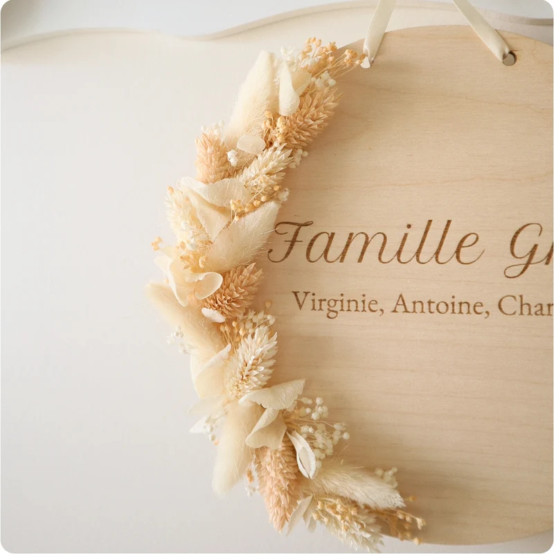 Plaque bois 20cm & fleurs séchées - texte & couleurs à personnaliser