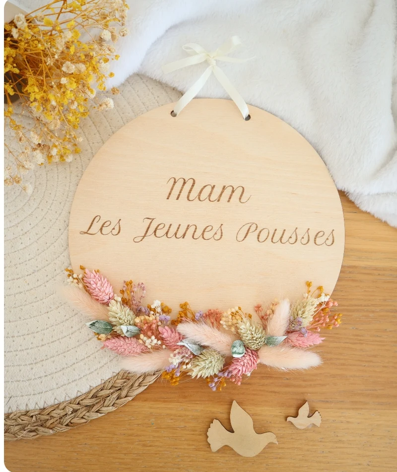 Plaque bois 20cm & fleurs séchées - texte & couleurs à personnaliser