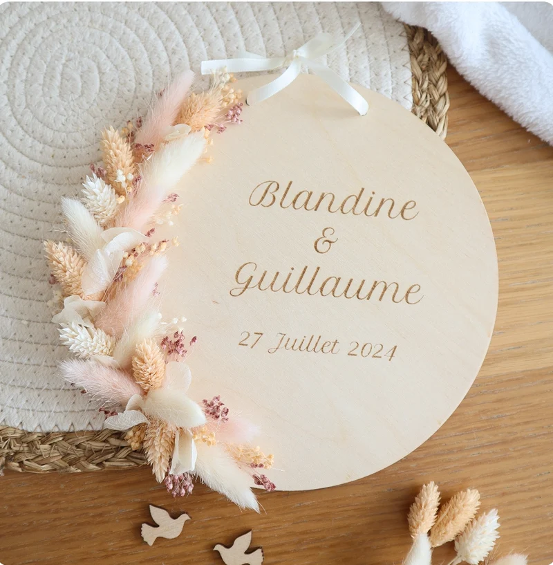 Plaque bois 20cm & fleurs séchées - texte & couleurs à personnaliser