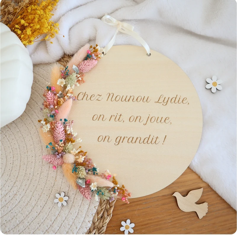 Plaque bois 20cm & fleurs séchées - texte à personnaliser