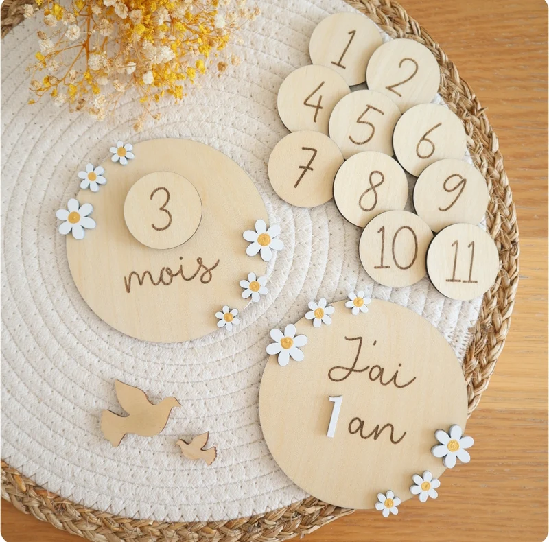 Cartes étapes marguerites évolutives de 1 mois à 2 ans - Blanc - Plusieurs options possibles