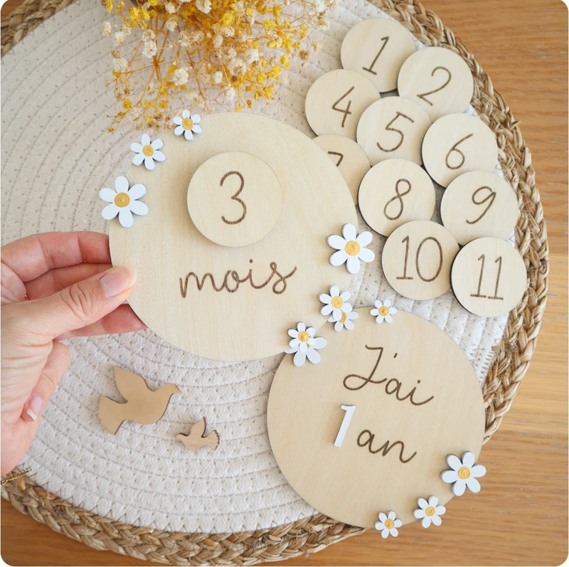 Cartes étapes marguerites évolutives de 1 mois à 2 ans - Blanc - Plusieurs options possibles