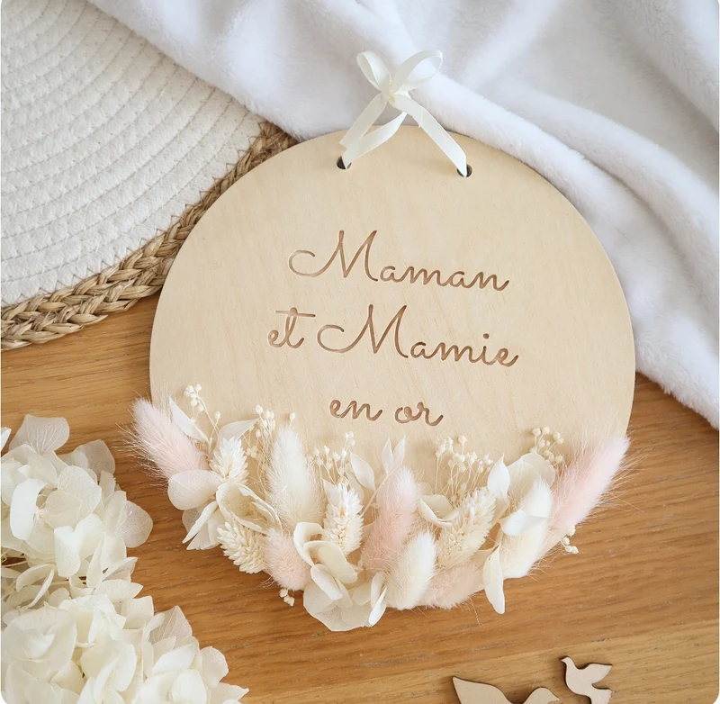 Décoration 20cm bois & fleurs séchées - A personnaliser