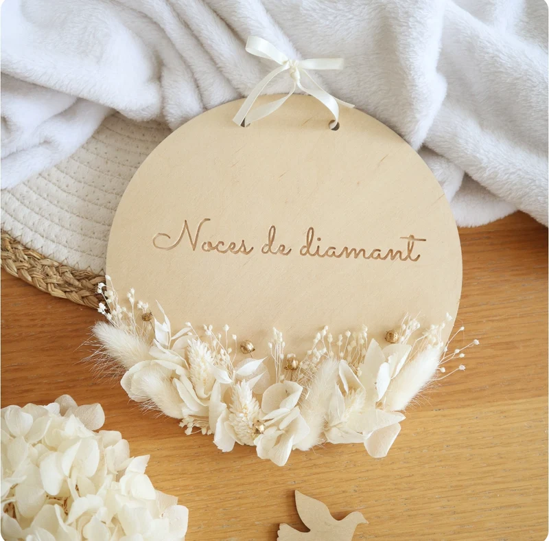 Décoration 20cm bois & fleurs séchées - A personnaliser