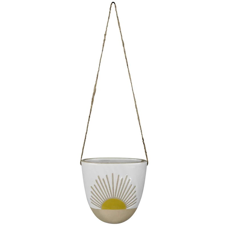 Hanging Vase with Sun, Ceramic. 12” jute hanger
