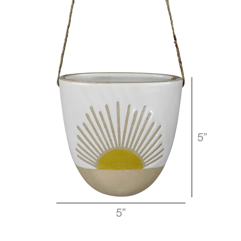 Hanging Vase with Sun, Ceramic. 12” jute hanger