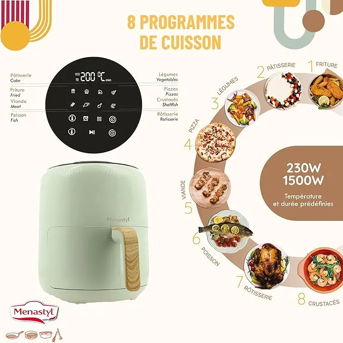 Menastyl airfryer 4,5 l met handgreep in houtlook - verschillende kleuren