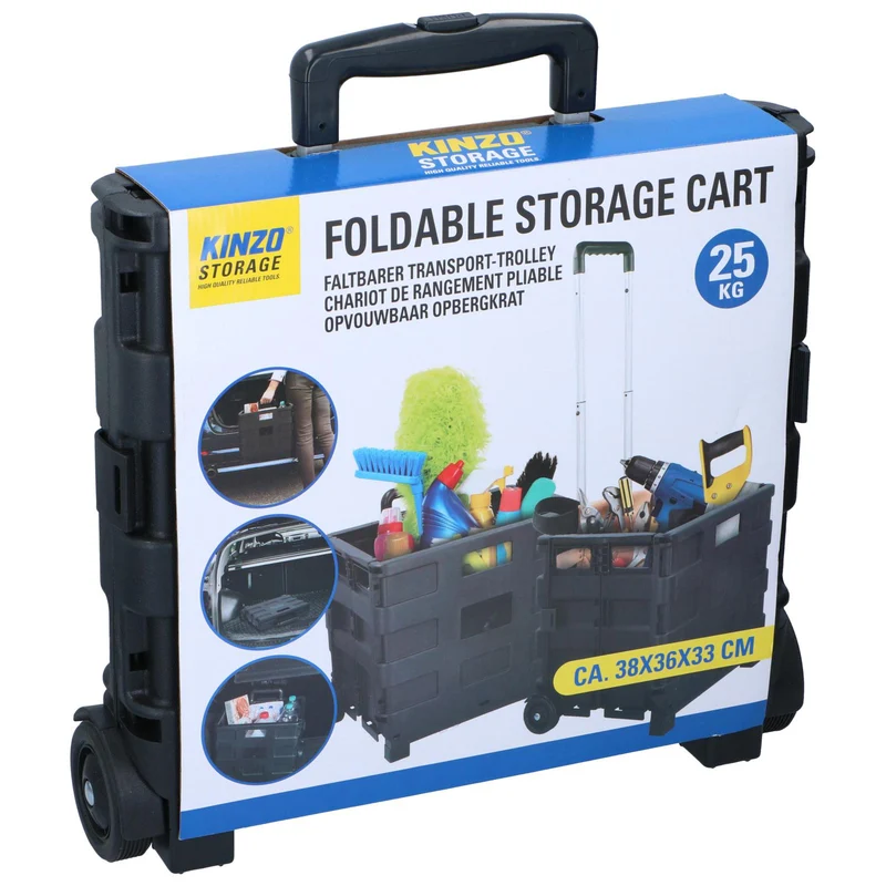 Kinzo Opvouwbare Boodschappentrolley - Zwart - Opvouwbare Krat - tot 25KG - op Wieltjes