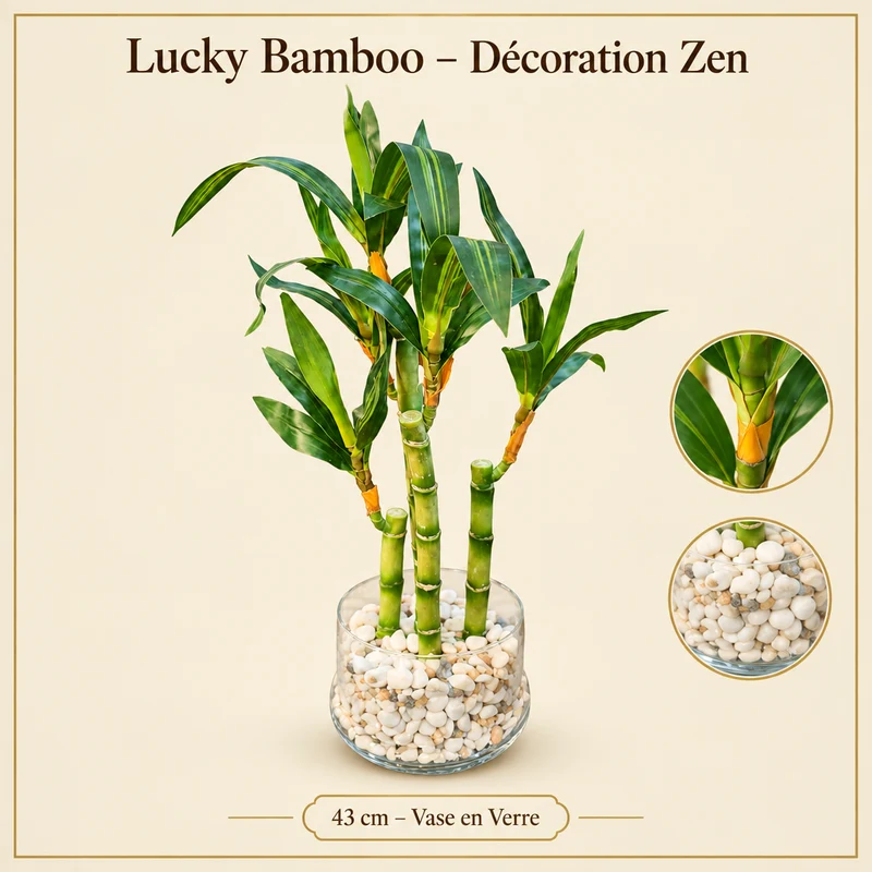 نبتة خيزران Lucky Bamboo اصطناعي — وعاء زجاجي بحجارة بيضاء — 43 سم