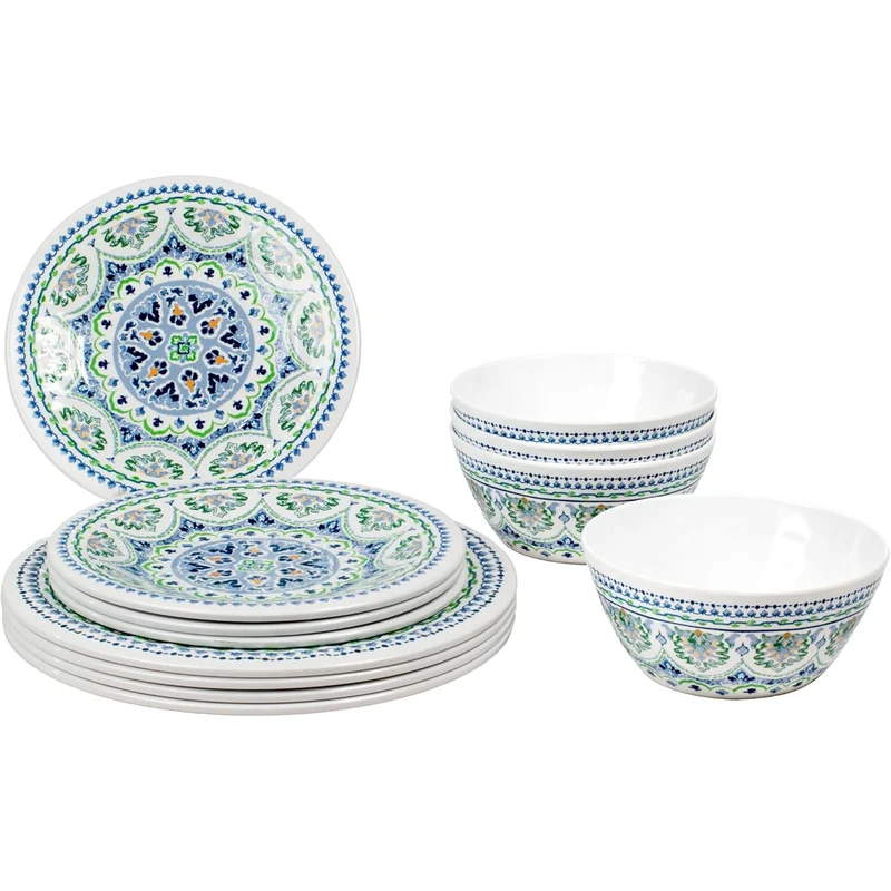 Blue Medallion servies set 12 stuks melamine: 4 kommen 4 diner- en dessertborden
