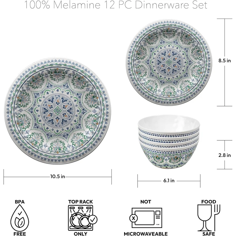 Blue Medallion servies set 12 stuks melamine: 4 kommen 4 diner- en dessertborden