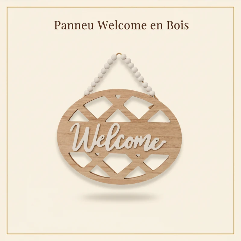 لافتة Welcome خشبية ديكورية — 27×20 سم — خرز أبيض — ديكور باب ومنزل فاخر
