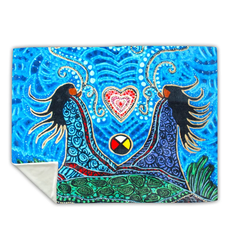Breath of Life Faux Rabbit Throw, artwork by Metis Artist Leah Dorion