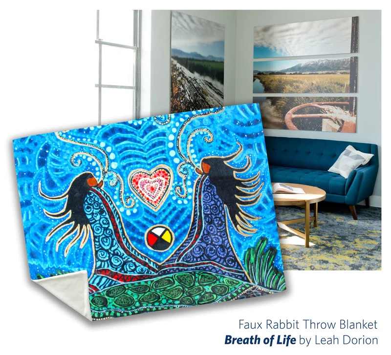 Breath of Life Faux Rabbit Throw, artwork by Metis Artist Leah Dorion