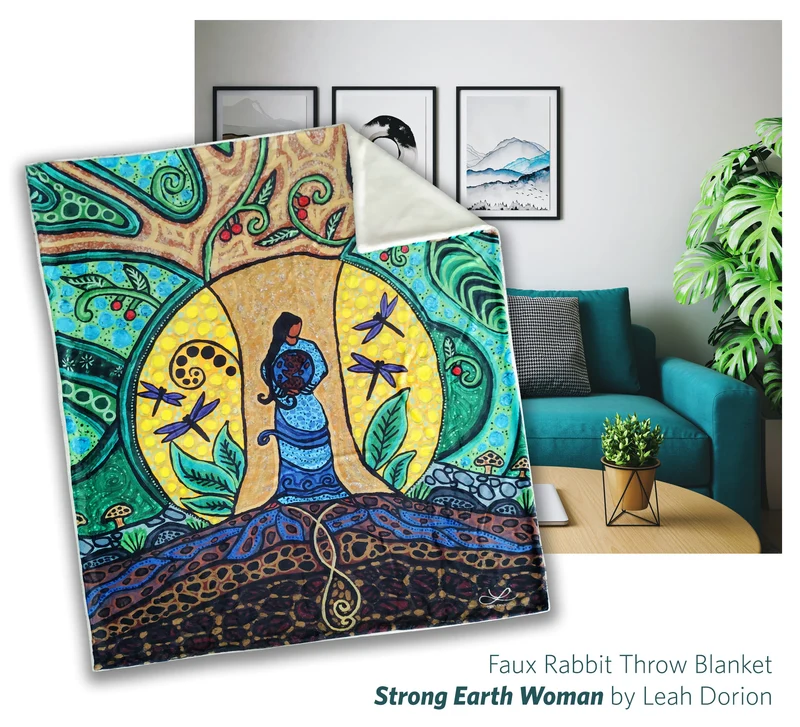 "Strong Earth Woman" Faux Rabbit Throw, artwork by Metis Artist Leah Dorion