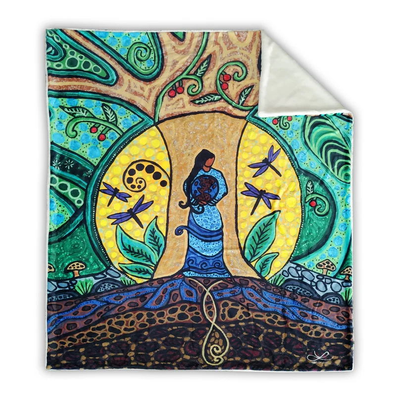 "Strong Earth Woman" Faux Rabbit Throw, artwork by Metis Artist Leah Dorion
