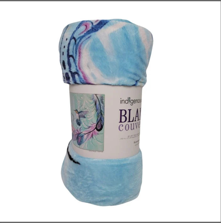 "Hummingbird Feathers" fleece blanket, artwork by Metis artist, Carla Joseph
