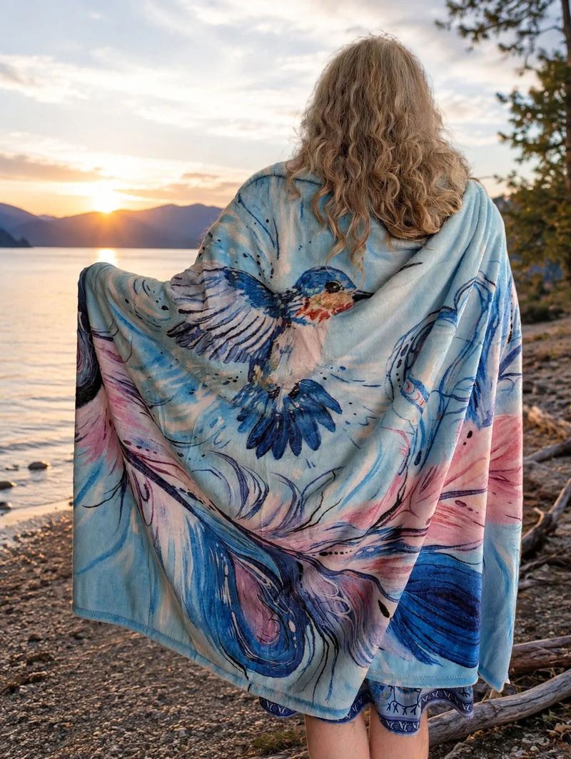 "Hummingbird Feathers" fleece blanket, artwork by Metis artist, Carla Joseph