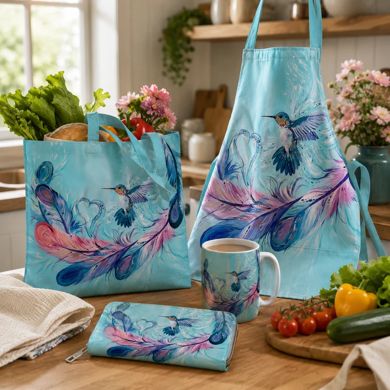 "Hummingbird Feathers" Apron by Métis artist, Carla Joseph