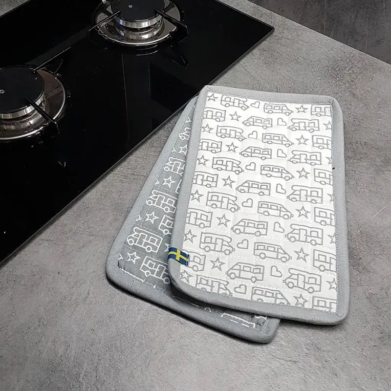 Pannenlappen met camper of caravan print - set van 2 stuks - wit/grijs - Pufz