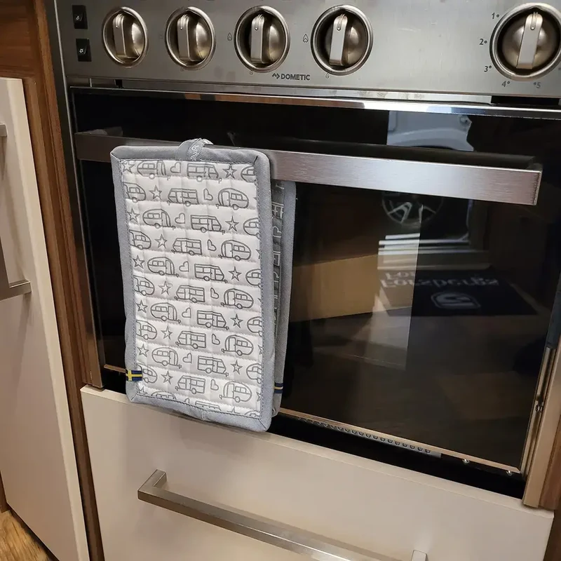 Pannenlappen met camper of caravan print - set van 2 stuks - wit/grijs - Pufz