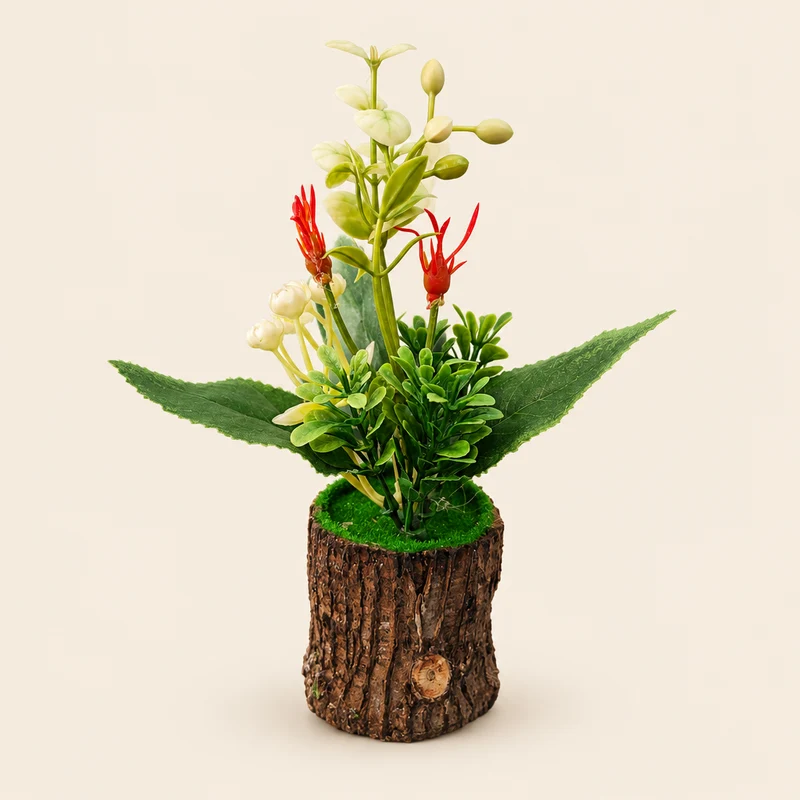 نباتات اصطناعية صغيرة — أصص جذع شجرة — 20 سم .