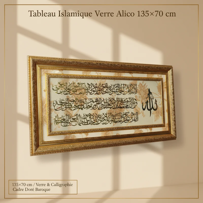 لوحة إسلامية – آية الكرسي بخط كاليغرافي – زجاج وإطار ذهبي – 135×70 سم