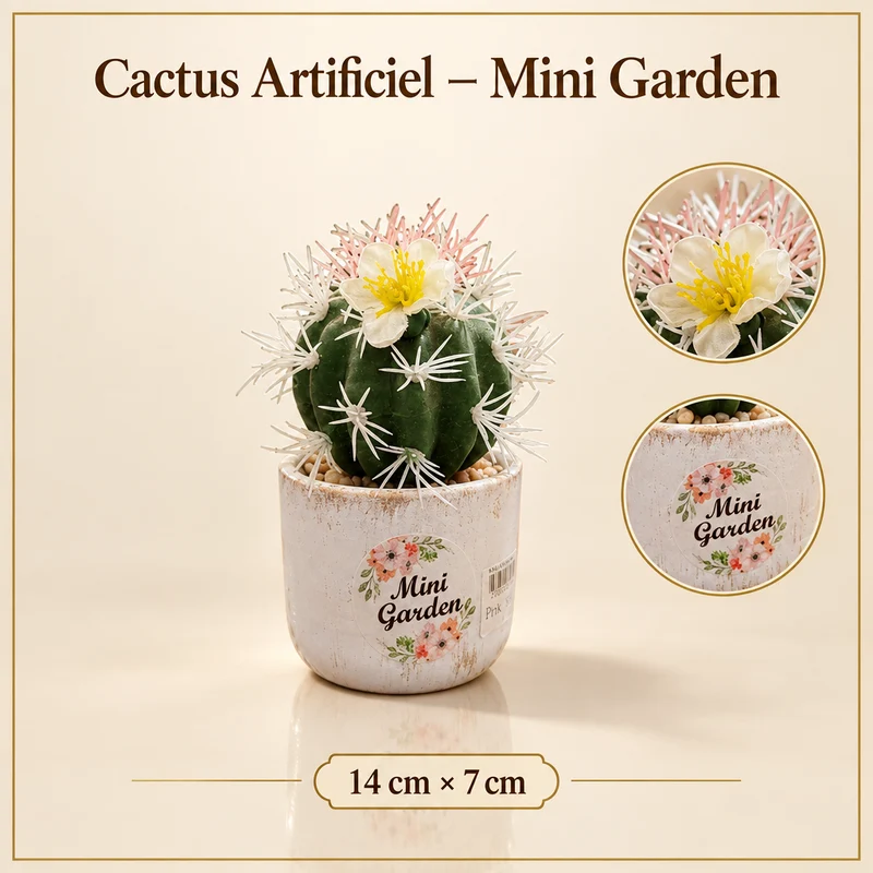 نبتة كاكتوس اصطناعي بزهرة صفراء — أصيص Mini Garden — 14×7 سم